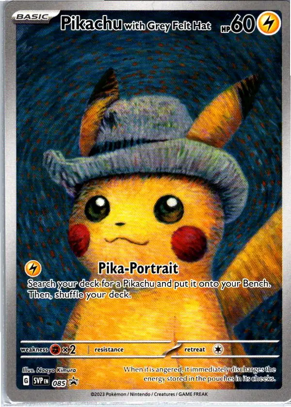 Pikachu with Grey Felt Hat Van Gogh (SVP 085) – Pokémon Promo Karte aus Karmesin und Purpur in Deutsch