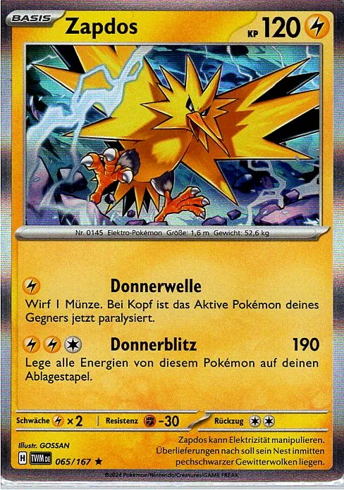 Zapdos (TWM 065) – Pokemon Holo Karte aus Maskerade im Zwielicht Deutsch