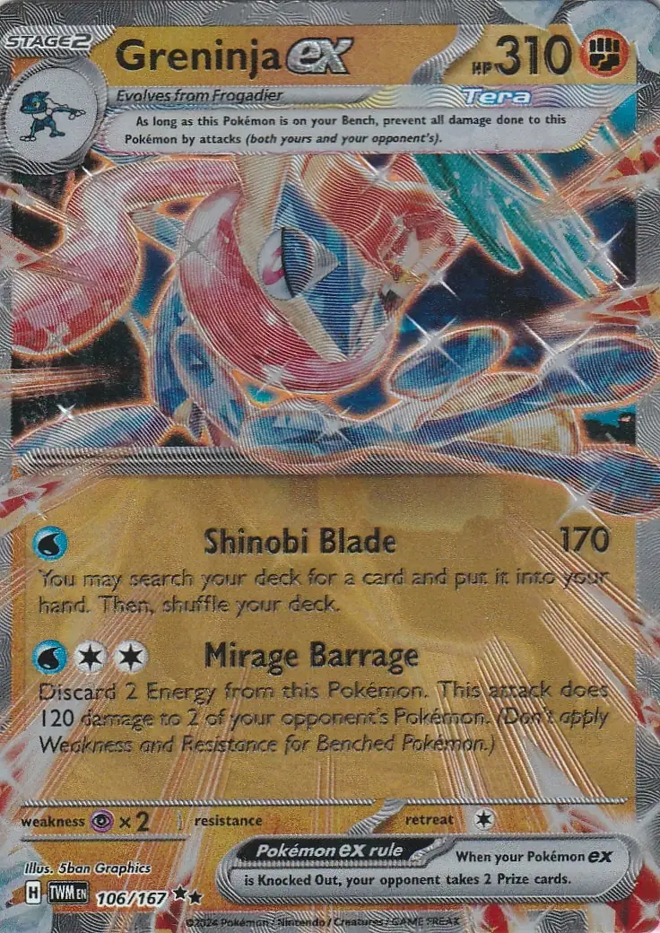 Greninja EX (TWM 106) – Pokémon Metall Karte aus Maskerade im Zwielicht Quajutsu in Englisch